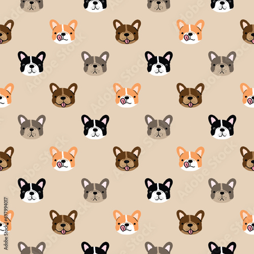 Seamless Pattern of Cartoon French Bulldog Face Design on Light Brown Background