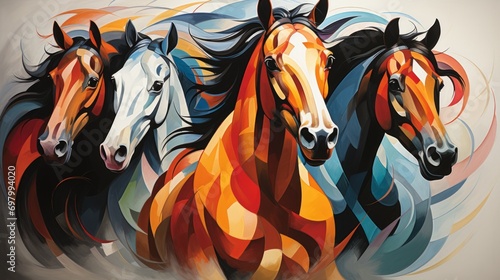 Three horses, brown, blue, and yellow, gallop in a line. The first horse leads, followed by the others. Background is not shown. Exciting energy and unity portrayed
