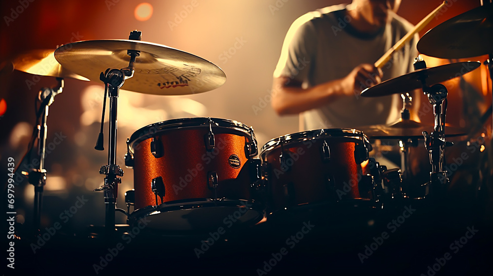 Naklejka premium Close-up of drummer illuminated by stage lights.