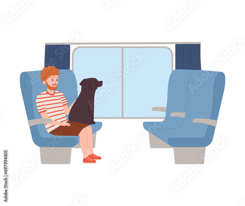 Man with dog in public transport flat style, vector illustration