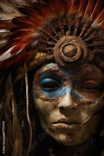 A pair of mysterious eyes peer out from beneath a weathered headdress