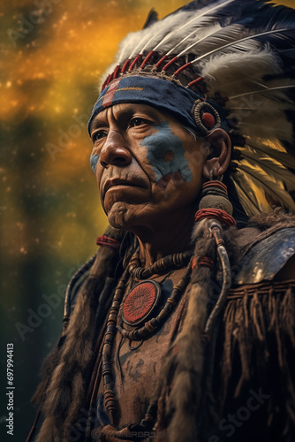 A native warrior adorned with symbolic paint prepares for a sacred journey