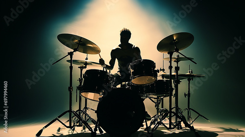 Close-up of drummer illuminated by stage lights. photo