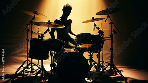 Close-up of drummer illuminated by stage lights. photo