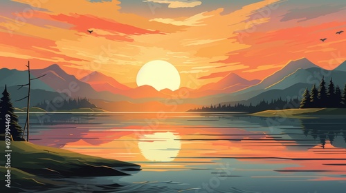 A breathtaking sunset over a calm lake with mountains in the background. vector cartoon graphic. Generative AI 