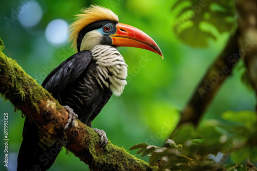 A Helmeted Hornbill perching on a tree branch in the lush rainforest