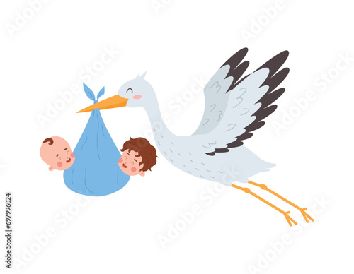 Stork carrying a cute newborn babies in a blue diaper, it's a twins boys, vector greeting birthday, baby announcement