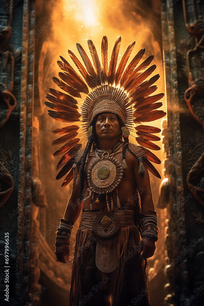 A tribal guardian adorned with glowing feathers stands at the entrance of a sacred portal A tribal guardian adorned with glowing feathers stands at the entrance of a sacred portal
