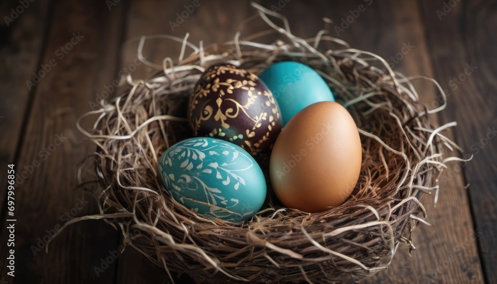 a bird's nest filled with three eggs sitting on top of a wooden table next to a brown and blue bird's nest with three eggs in it. a bird's nest filled with three eggs sitting on top of a wooden table next to a brown and blue bird's nest with three eggs in it.