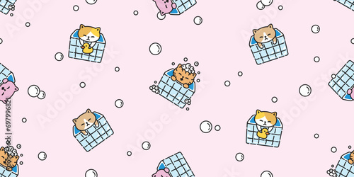 cat seamless pattern shower bathroom bathtub soap bubble kitten calico munchkin neko vector cartoon pet sticker doodle gift wrapping paper illustration tile background repeat wallpaper isolated design