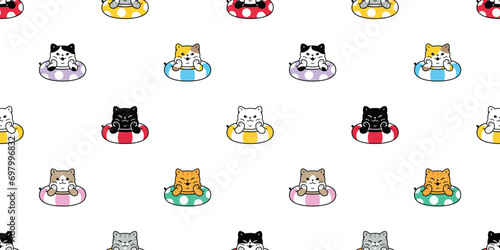 cat seamless pattern inflatable swimming pool ring kitten calico munchkin neko vector cartoon pet sea beach doodle gift wrapping paper illustration tile background repeat wallpaper isolated design
