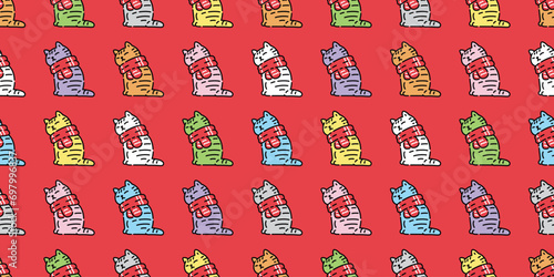 cat seamless pattern Christmas scarf kitten munchkin calico neko vector cartoon pet doodle gift wrapping paper tile background repeat wallpaper illustration isolated design