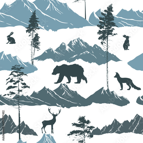 Seamless mountain with trees and forest animals. background. Hand drawing. Not AI. Vector illustration