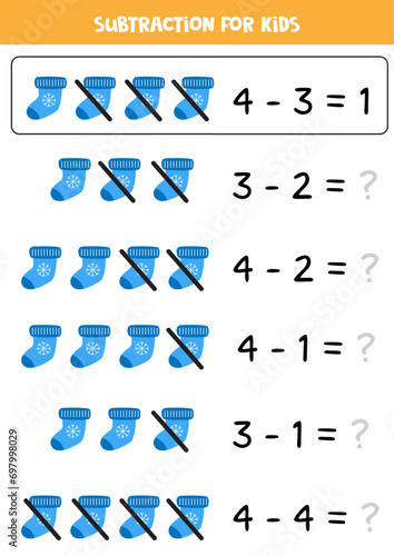 Subtraction game with cute cartoon sock. Math game.