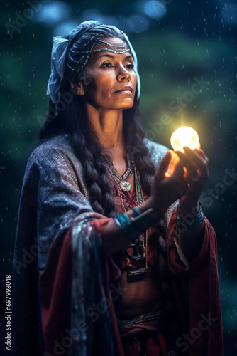 A tribal sorceress bathed in moonlight conducts a spellbinding ceremony