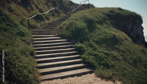  a set of stairs leading up to the top of a hill next to the ocean with grass growing on both sides of the steps and a railing on the top of the hill.