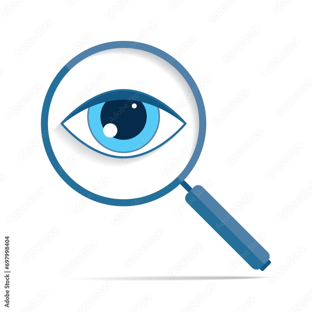Search loupe icon in flat style, magnifying glass on white background. Zoom tool. Eye in magnifier. Vector design object for you project Search loupe icon in flat style, magnifying glass on white background. Zoom tool. Eye in magnifier. Vector design object for you project