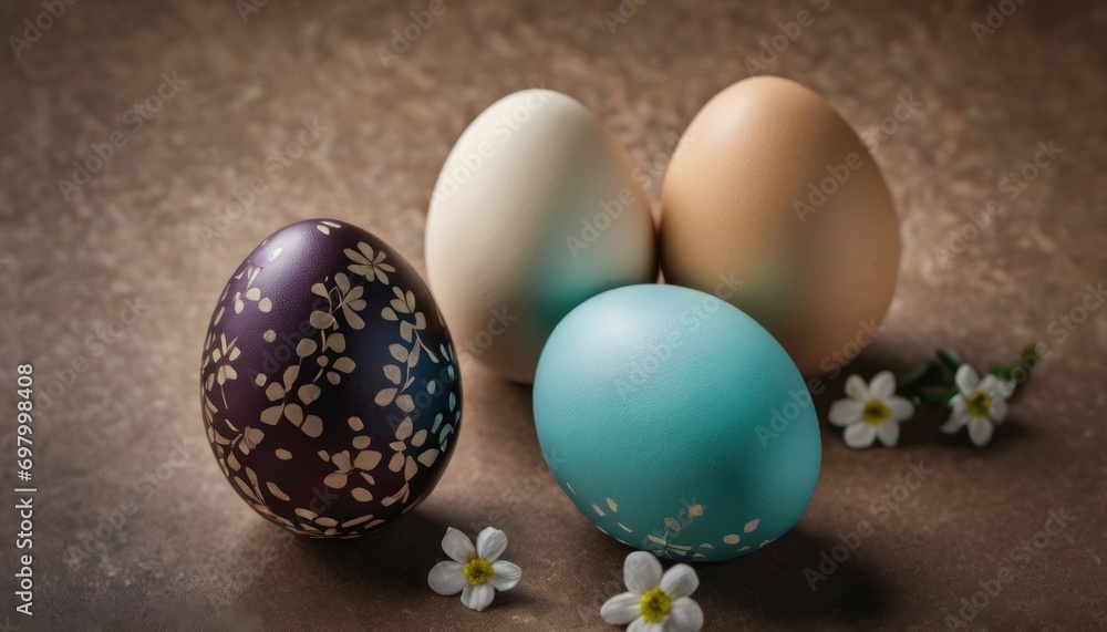 a group of three eggs sitting next to each other on top of a brown surface with a flower design on the side of the egg, and a few white flowers on the side of the egg. a group of three eggs sitting next to each other on top of a brown surface with a flower design on the side of the egg, and a few white flowers on the side of the egg.