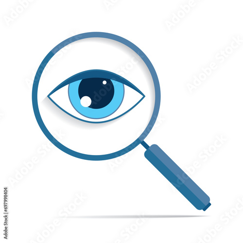 Search loupe icon in flat style, magnifying glass on white background. Zoom tool. Eye in magnifier. Vector design object for you project