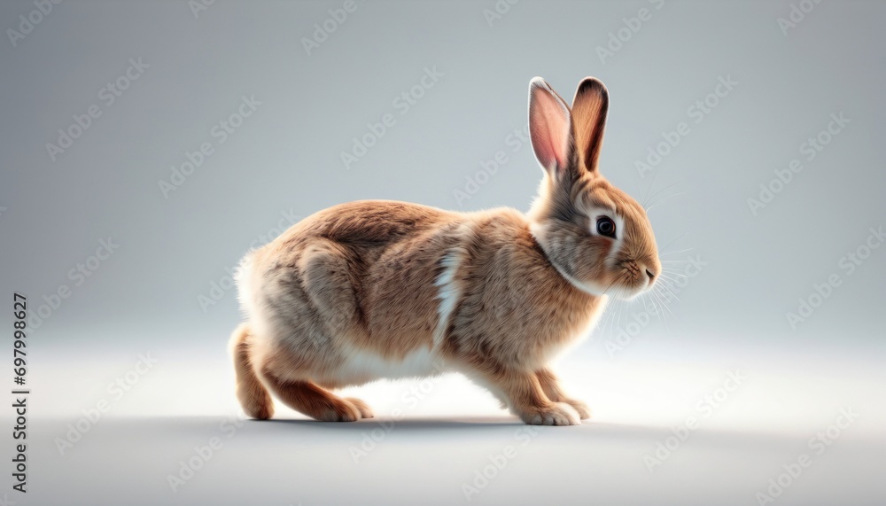  a brown rabbit with a white stripe around its ears and ears is standing in front of a gray background with a white spot on the side of the rabbit's ear.