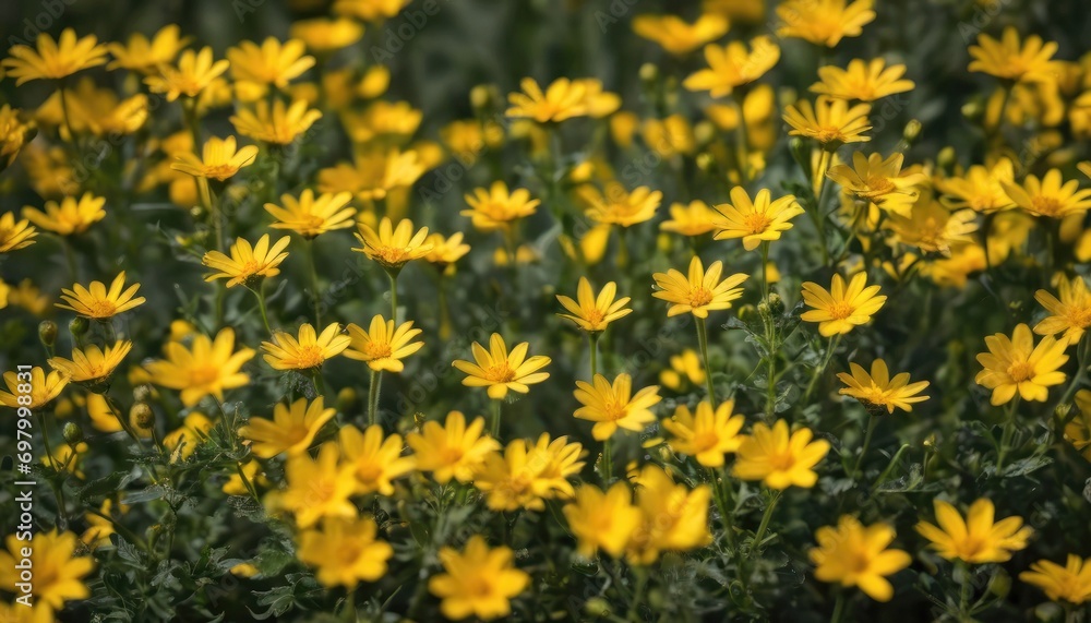  a bunch of yellow flowers that are blooming in a field with green grass in the foreground and a blurry background of yellow flowers in the foreground.