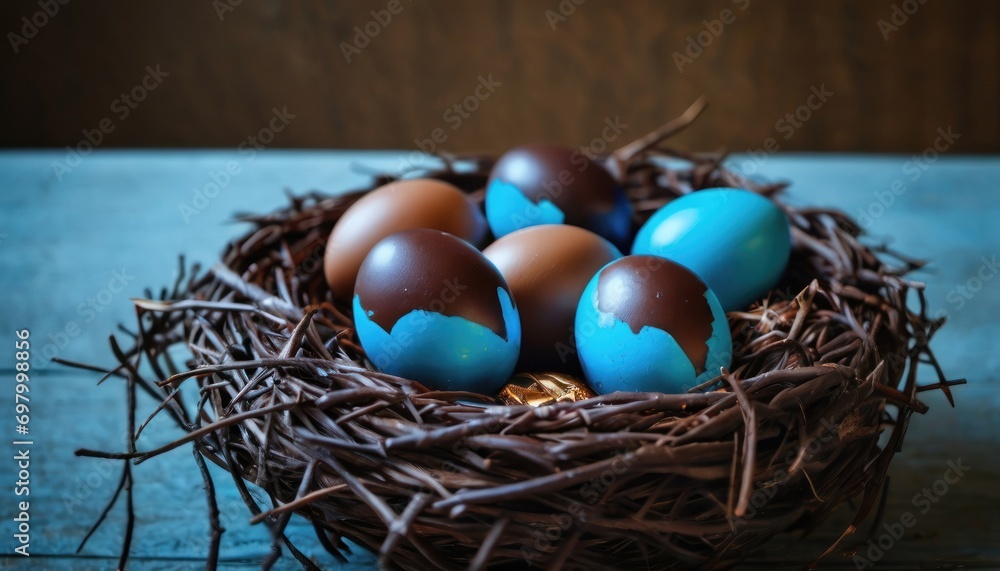 a nest filled with blue and brown eggs on top of a blue wooden table next to a brown and white bird's nest with three eggs in it's nest. a nest filled with blue and brown eggs on top of a blue wooden table next to a brown and white bird's nest with three eggs in it's nest.