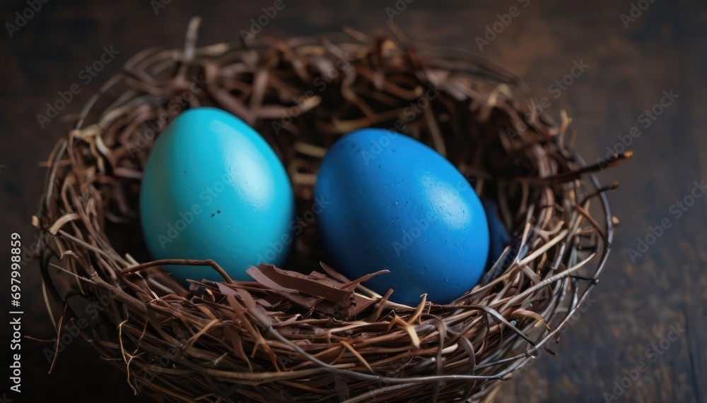 two blue eggs sitting in a nest on top of a wooden table next to another blue egg in the center of the nest on top of a dark wood table. two blue eggs sitting in a nest on top of a wooden table next to another blue egg in the center of the nest on top of a dark wood table.