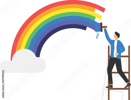 Businessman climb up stepladder to paint a wall picture of a rainbow. Uncommon and unusual plans. Different and unique vision. Business and dreams. Vector illustration

