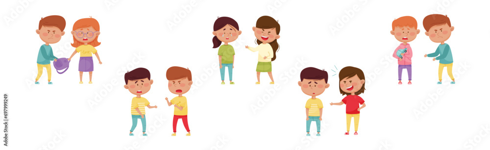 Warring Boy and Girl with Offensive Behavior Insulting Agemate Vector Set Warring Boy and Girl with Offensive Behavior Insulting Agemate Vector Set