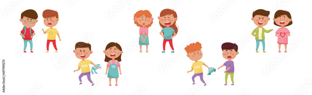 Warring Boy and Girl with Offensive Behavior Insulting Agemate Vector Set Warring Boy and Girl with Offensive Behavior Insulting Agemate Vector Set