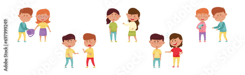 Warring Boy and Girl with Offensive Behavior Insulting Agemate Vector Set