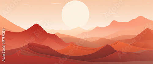 Abstract llustration of an orange and brown landscape, with mountains at sunset, horizontal background