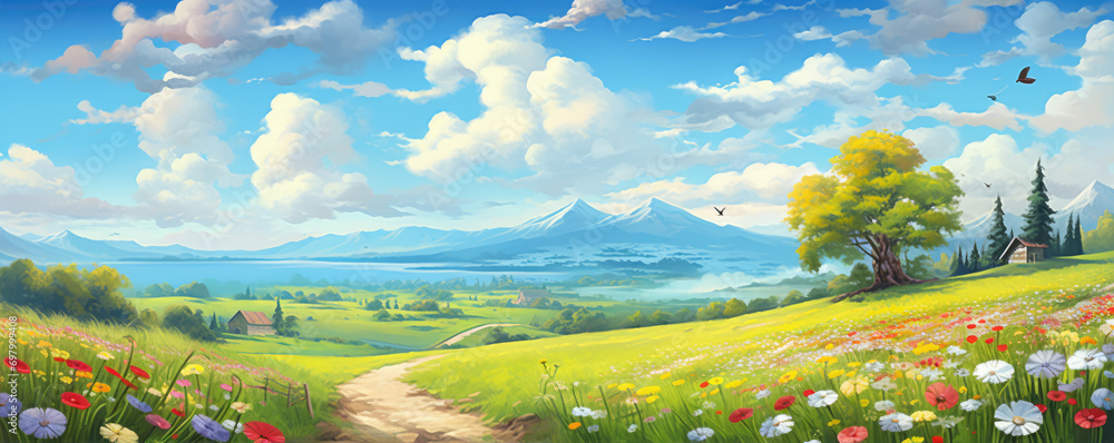 Fototapeta premium Summer landscape with bicycle and meadows full of flowers. Holiday sunshine banner.