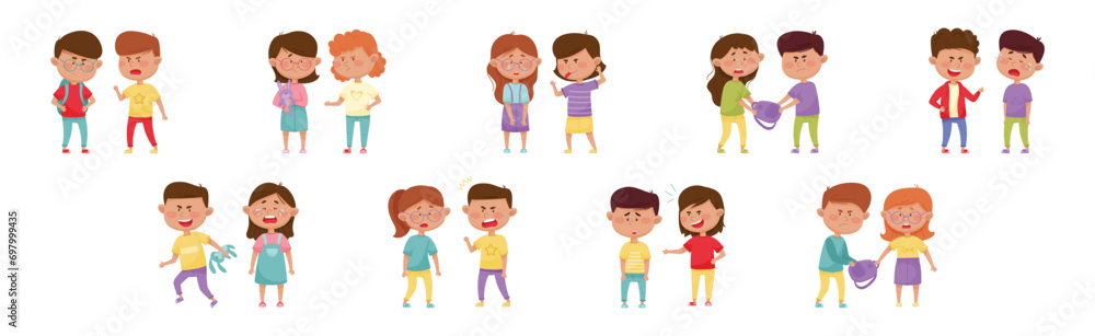 Warring Boy and Girl with Offensive Behavior Insulting Agemate Vector Set