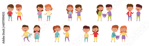 Warring Boy and Girl with Offensive Behavior Insulting Agemate Vector Set