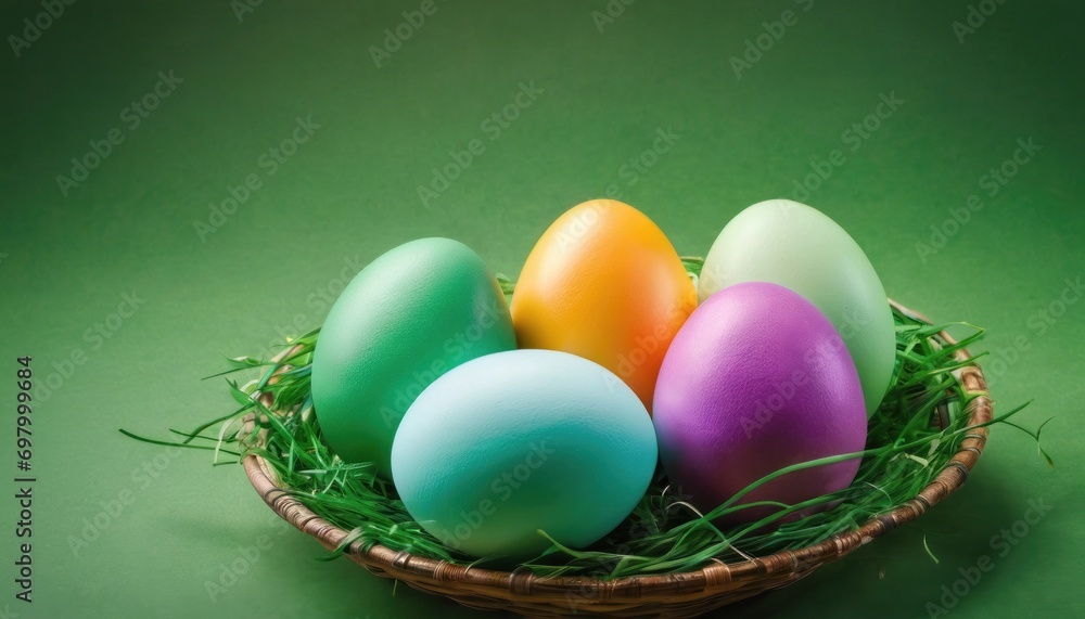 a basket filled with colored eggs sitting on top of a green table next to a basket of green grass on top of a green table cloth covered tablecloth covered with grass. a basket filled with colored eggs sitting on top of a green table next to a basket of green grass on top of a green table cloth covered tablecloth covered with grass.