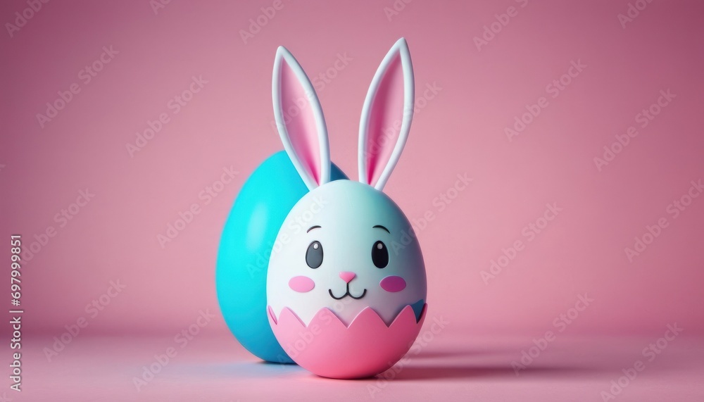 a pink and blue egg with a bunny face painted on it's side and a blue egg with a pink and blue egg shell in the shape of an egg on a pink background. a pink and blue egg with a bunny face painted on it's side and a blue egg with a pink and blue egg shell in the shape of an egg on a pink background.