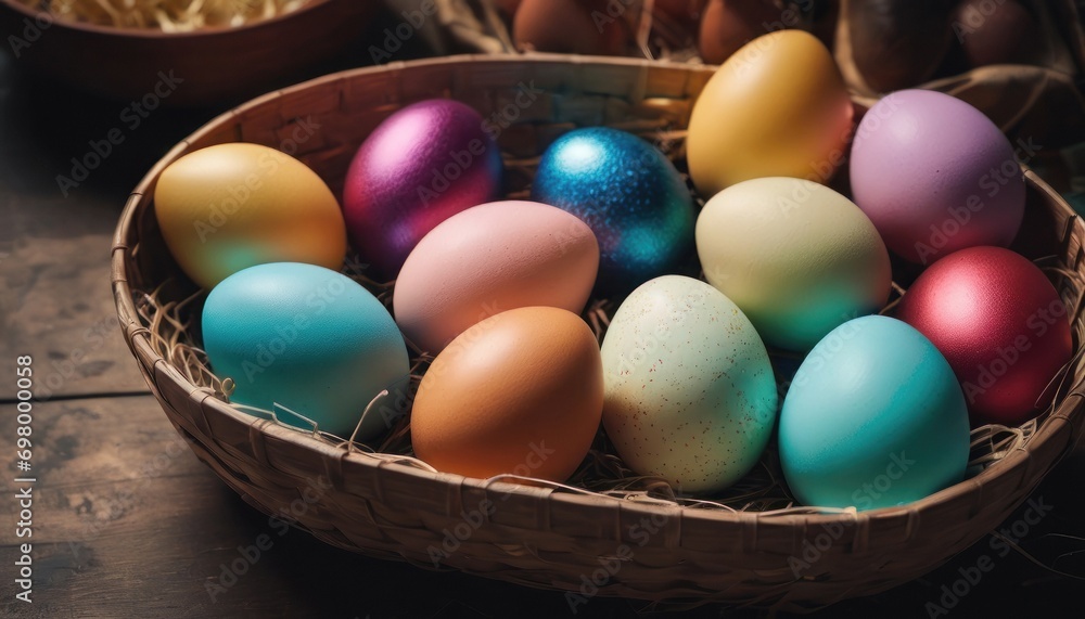 a basket filled with colorful eggs sitting on top of a wooden table next to a basket filled with eggs on top of a wooden table next to a bowl of eggs. a basket filled with colorful eggs sitting on top of a wooden table next to a basket filled with eggs on top of a wooden table next to a bowl of eggs.