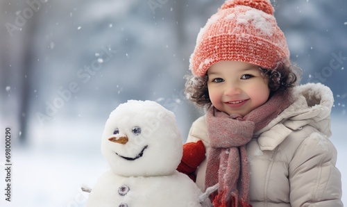 A Delightful Winter Scene with a Grinning Snowman and a Gleeful Little Girl