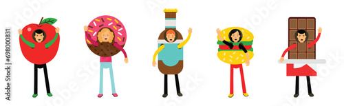 People Character Wearing Food Costumes Standing and Waving Hand Vector Illustration Set
