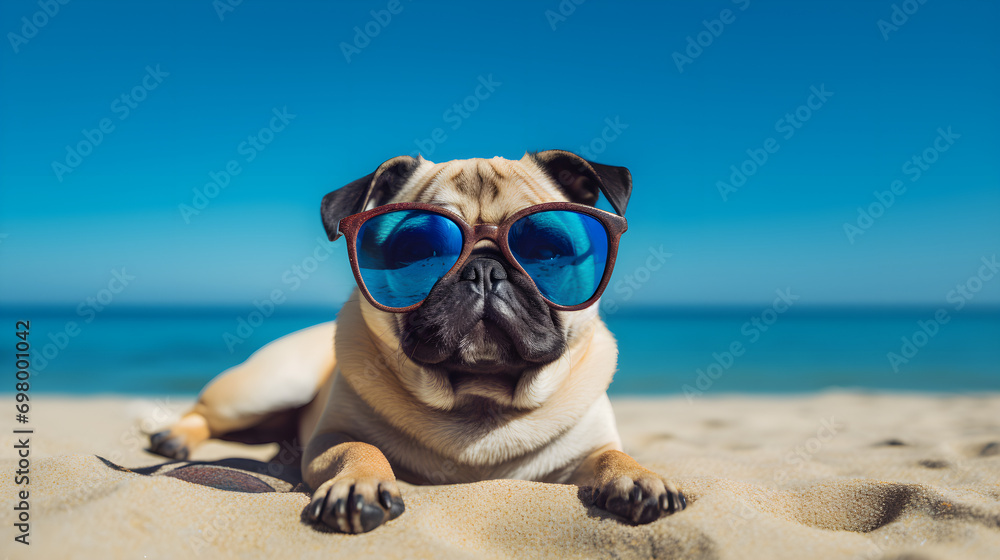 Pug in the sunglasses on the blue beach