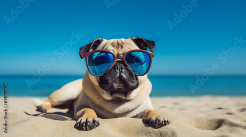 Pug in the sunglasses on the blue beach © Kateryna Kordubailo