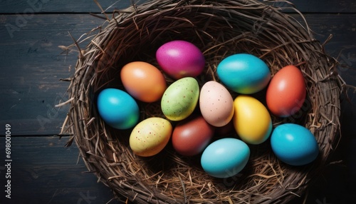  a basket filled with colorful eggs sitting on top of a wooden table next to a pile of straw on top of a wooden table next to a wooden planks.