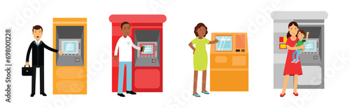 People Character Withdrawing Cash in ATM Terminal Vector Set