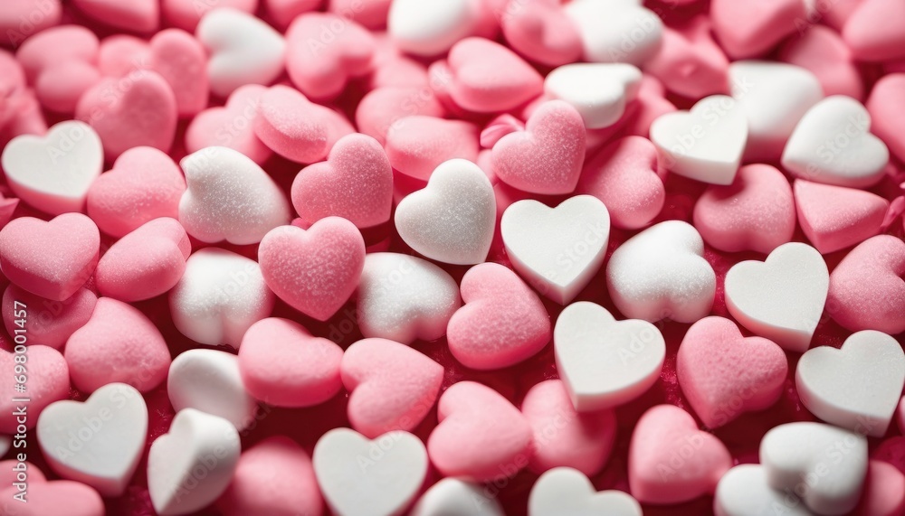  a pile of pink and white heart shaped marshmallows on top of a pink and white blanket of marshmallows on top of pink and white heart shaped marshmallows.