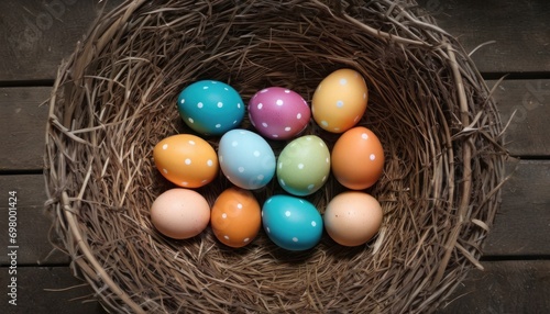  a bird's nest filled with colored eggs on top of a wooden table next to another bird's nest on top of a wood planked surface,.