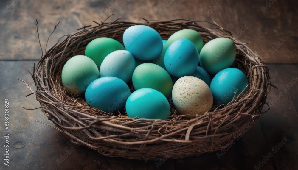 a bird's nest filled with blue and green eggs on top of a wooden table next to a white speckled egg in the middle of the nest is a white speckled egg. a bird's nest filled with blue and green eggs on top of a wooden table next to a white speckled egg in the middle of the nest is a white speckled egg.