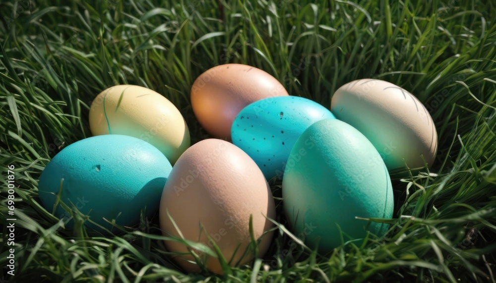  a group of eggs sitting in the middle of a field of green grass with blue, yellow, and pink eggs in the middle of the egg laying in the grass.
