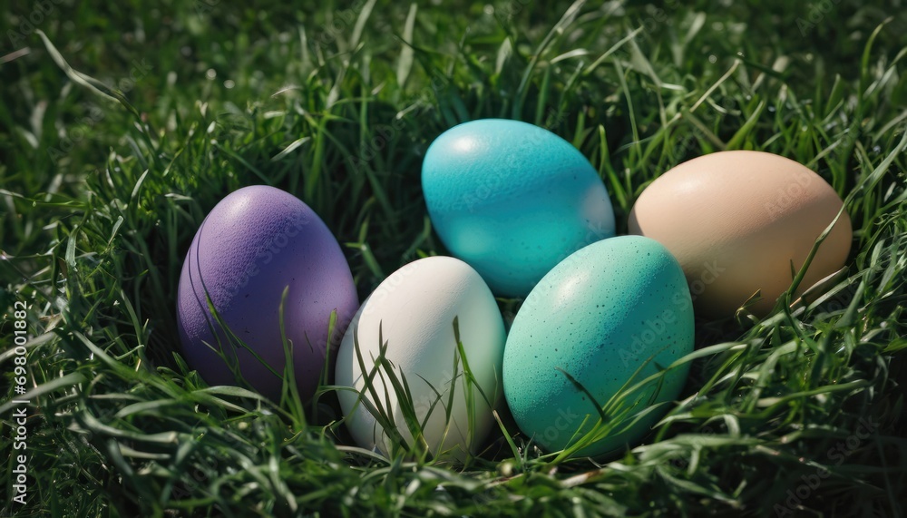  a group of colored eggs sitting in a green grass filled with green and purple eggs on top of a lush green grass covered field of grass covered with green leaves.