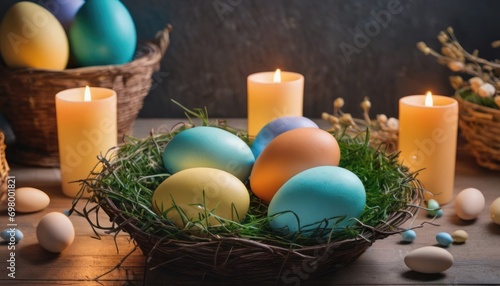  a basket filled with eggs sitting on top of a table next to candles and a basket filled with eggs on top of a table next to a basket of eggs.